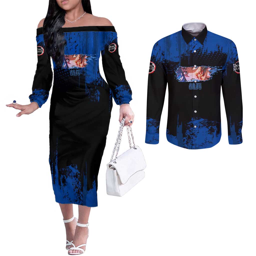 Giyu Tomioka Demon Slayer Blue Grunge Design Couples Matching Off The Shoulder Long Sleeve Dress and Long Sleeve Button Shirt with Intense Eyes and Sword Stance - The Mazicc