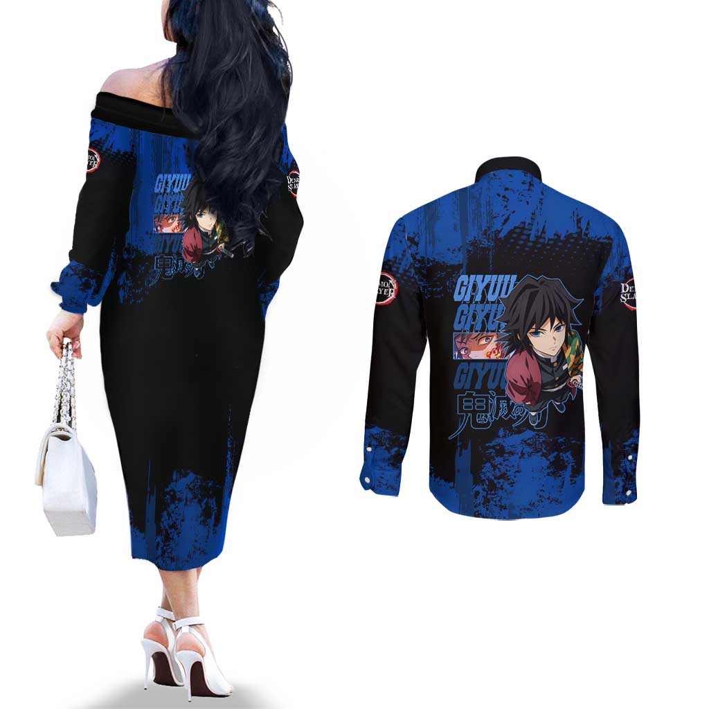 Giyu Tomioka Demon Slayer Blue Grunge Design Couples Matching Off The Shoulder Long Sleeve Dress and Long Sleeve Button Shirt with Intense Eyes and Sword Stance - The Mazicc