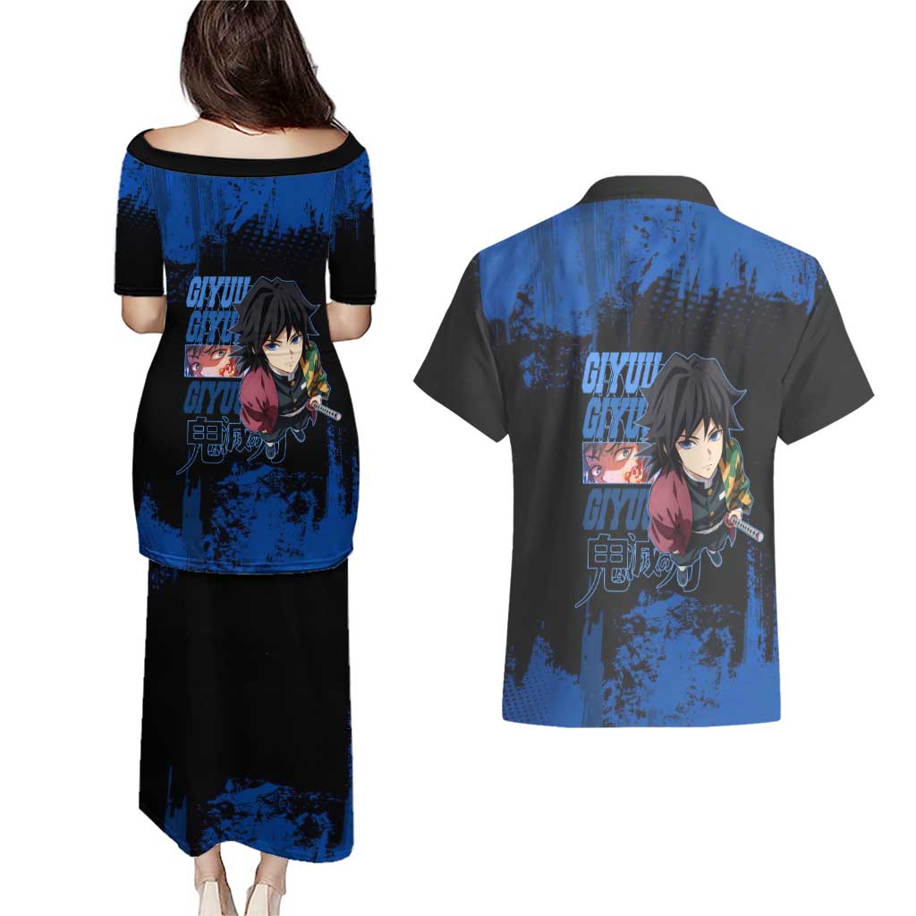 Giyu Tomioka Demon Slayer Blue Grunge Design Couples Matching Puletasi and Hawaiian Shirt with Intense Eyes and Sword Stance - The Mazicc