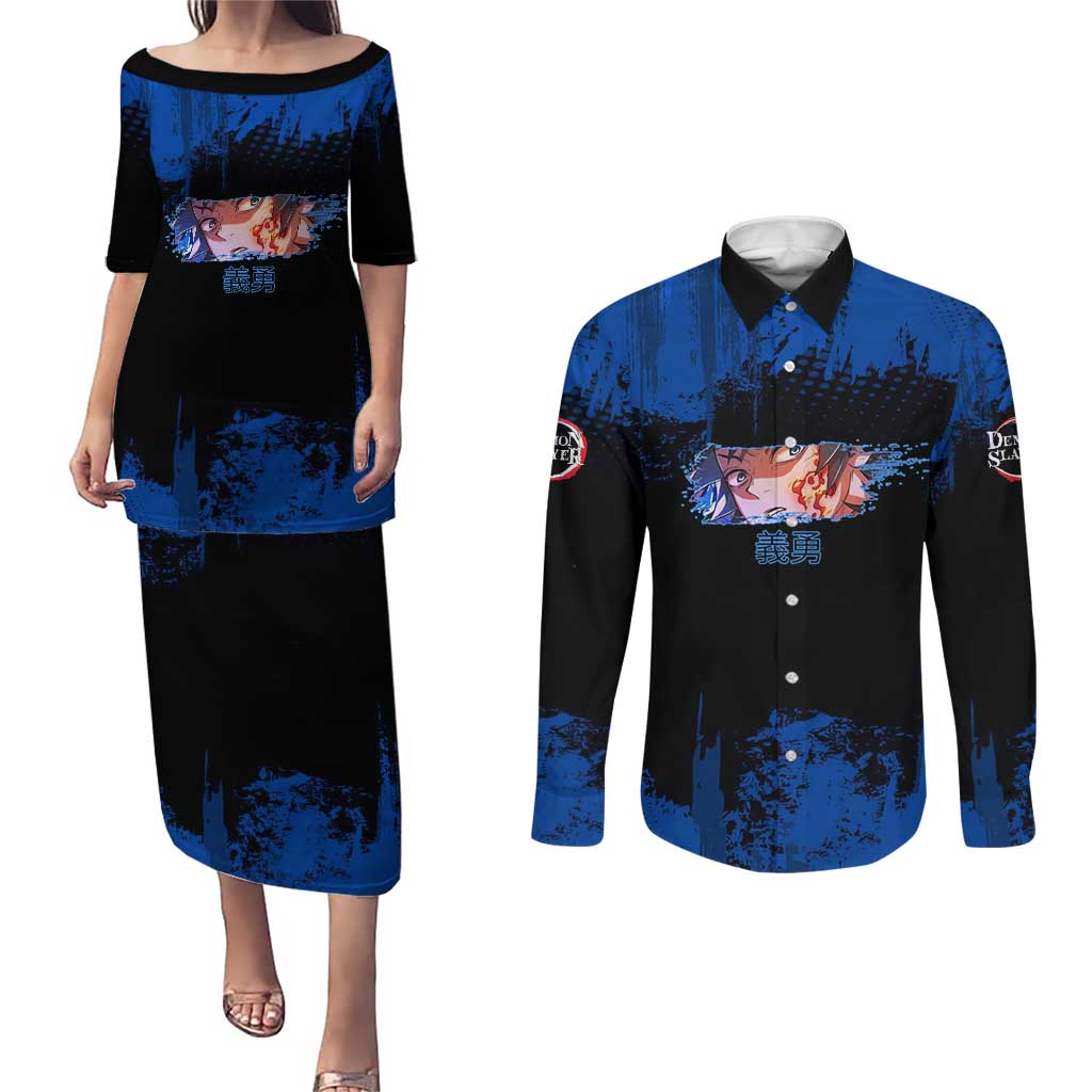 Giyu Tomioka Demon Slayer Blue Grunge Design Couples Matching Puletasi and Long Sleeve Button Shirt with Intense Eyes and Sword Stance - The Mazicc