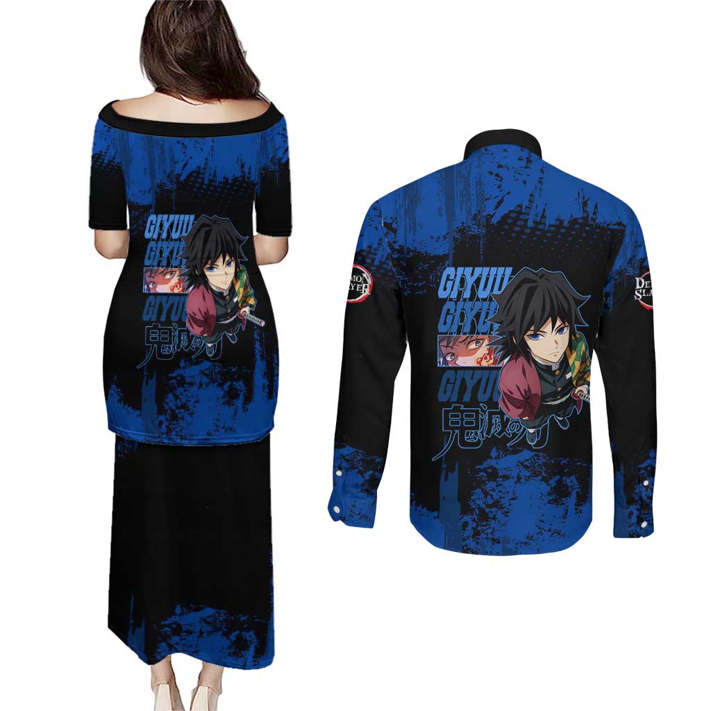Giyu Tomioka Demon Slayer Blue Grunge Design Couples Matching Puletasi and Long Sleeve Button Shirt with Intense Eyes and Sword Stance - The Mazicc