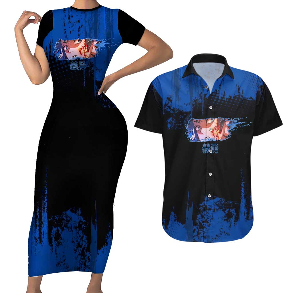 Giyu Tomioka Demon Slayer Blue Grunge Design Couples Matching Short Sleeve Bodycon Dress and Hawaiian Shirt with Intense Eyes and Sword Stance - The Mazicc
