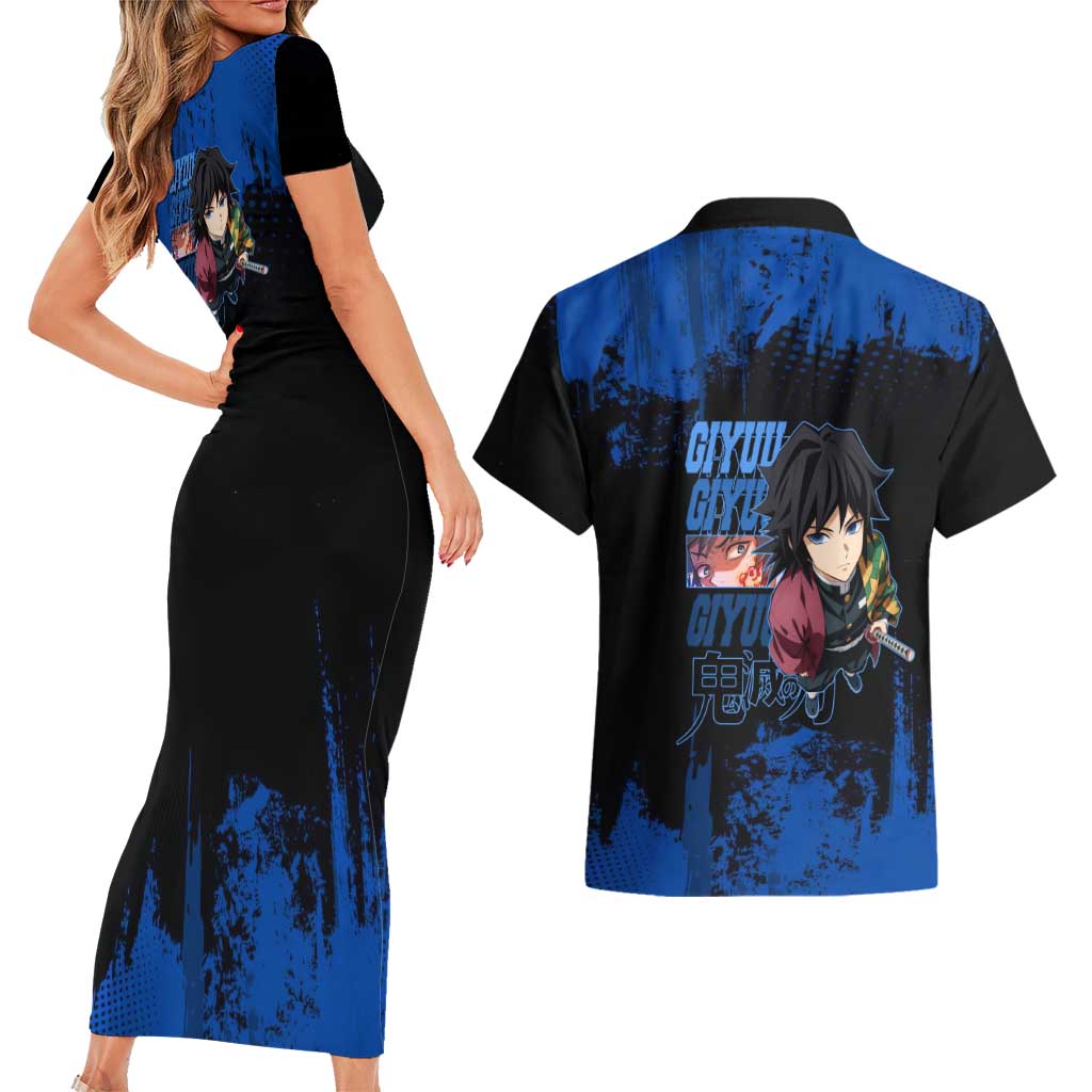 Giyu Tomioka Demon Slayer Blue Grunge Design Couples Matching Short Sleeve Bodycon Dress and Hawaiian Shirt with Intense Eyes and Sword Stance - The Mazicc
