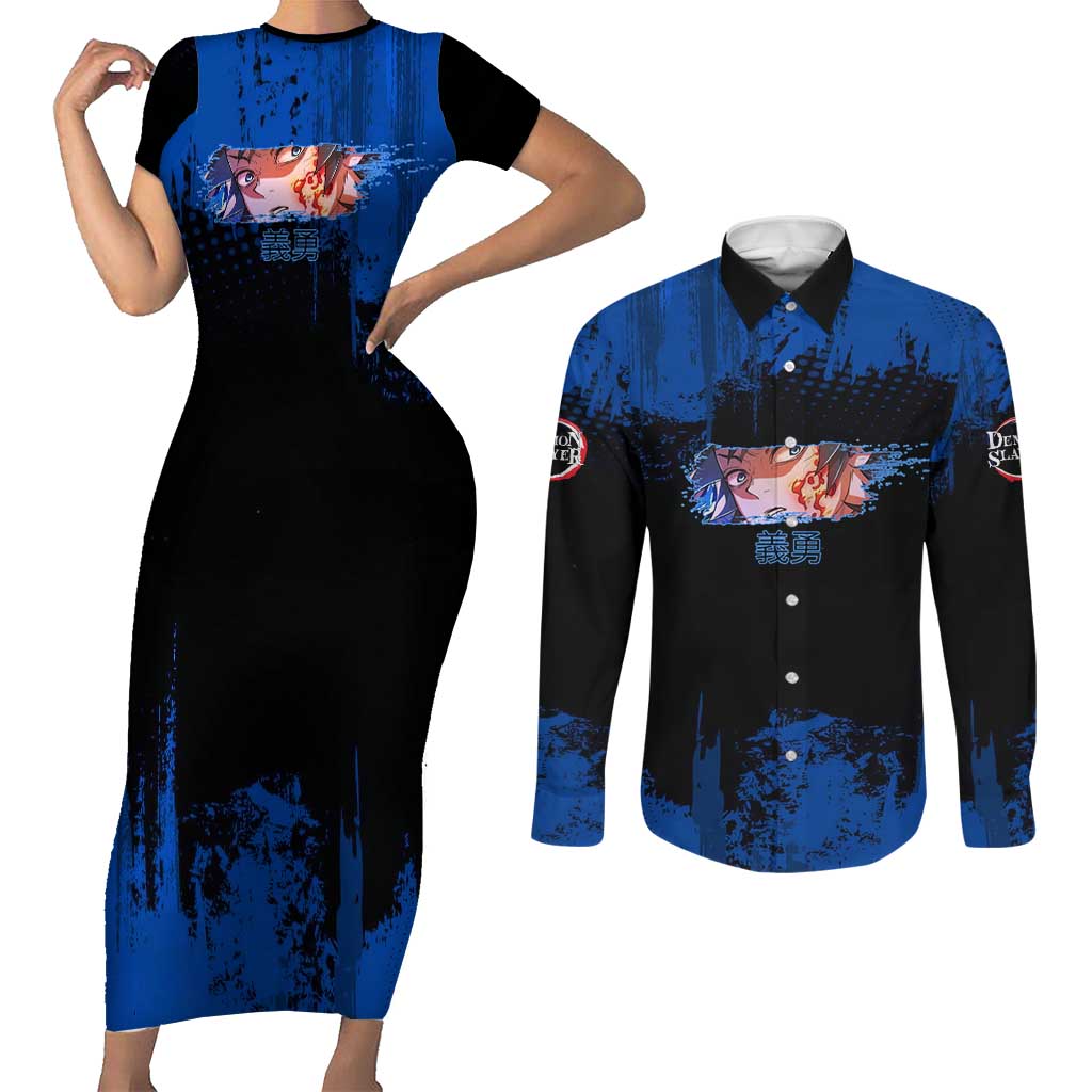 Giyu Tomioka Demon Slayer Blue Grunge Design Couples Matching Short Sleeve Bodycon Dress and Long Sleeve Button Shirt with Intense Eyes and Sword Stance - The Mazicc