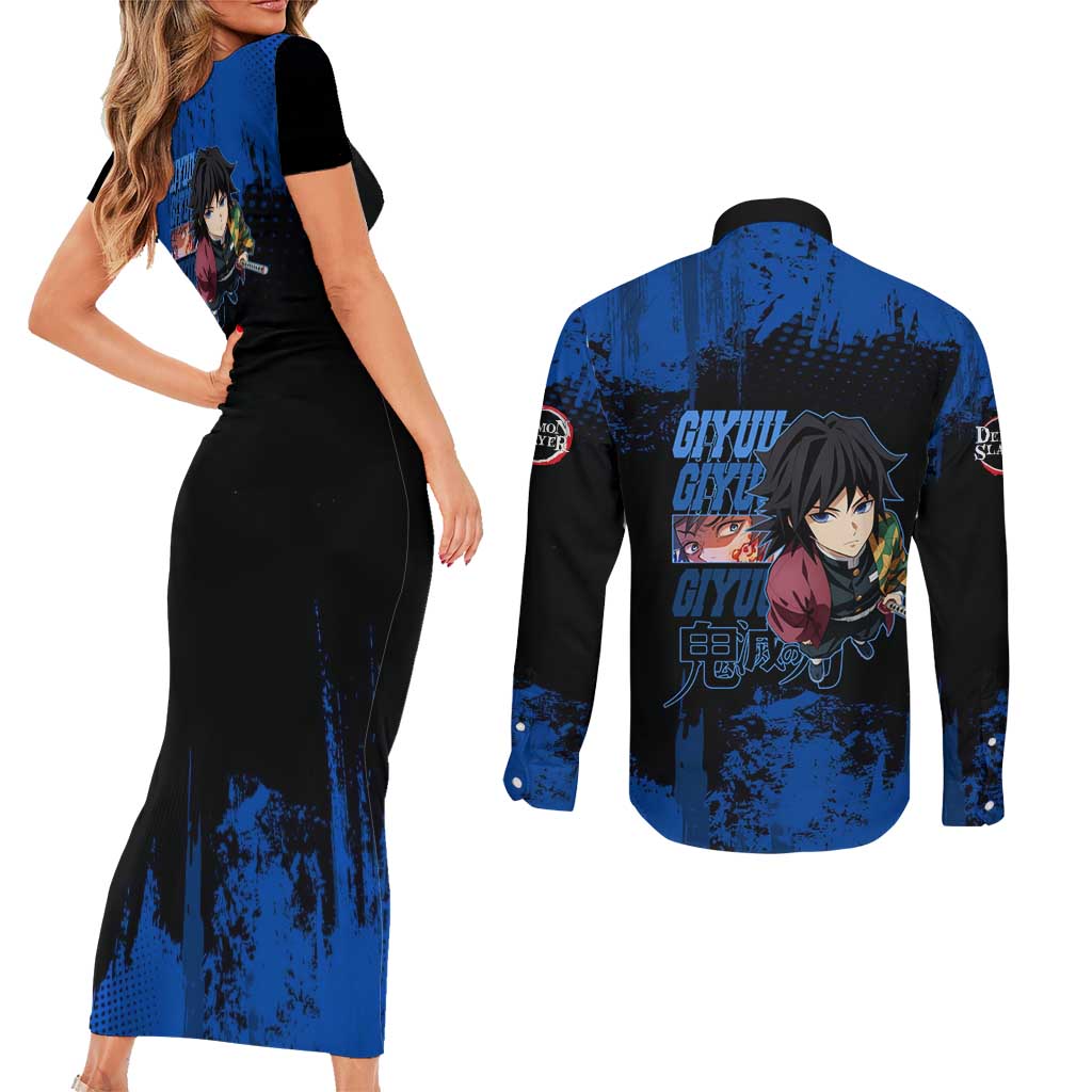 Giyu Tomioka Demon Slayer Blue Grunge Design Couples Matching Short Sleeve Bodycon Dress and Long Sleeve Button Shirt with Intense Eyes and Sword Stance - The Mazicc