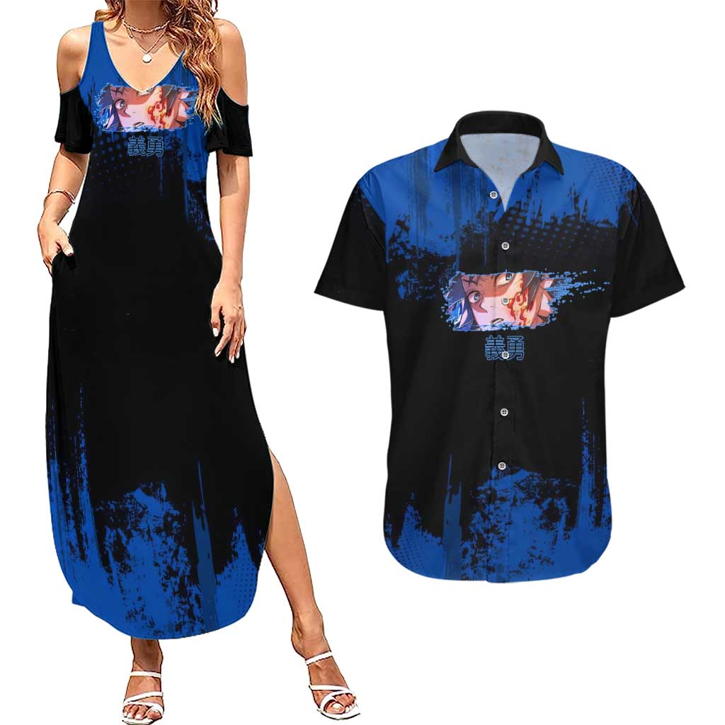 Giyu Tomioka Demon Slayer Blue Grunge Design Couples Matching Summer Maxi Dress and Hawaiian Shirt with Intense Eyes and Sword Stance - The Mazicc