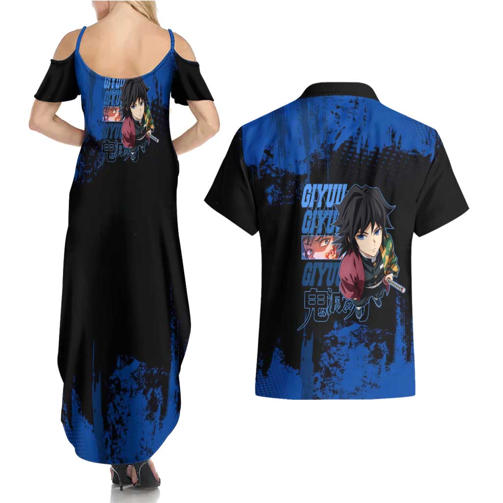 Giyu Tomioka Demon Slayer Blue Grunge Design Couples Matching Summer Maxi Dress and Hawaiian Shirt with Intense Eyes and Sword Stance - The Mazicc