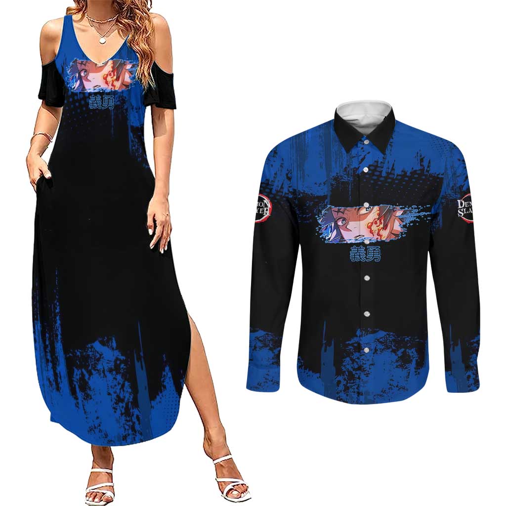Giyu Tomioka Demon Slayer Blue Grunge Design Couples Matching Summer Maxi Dress and Long Sleeve Button Shirt with Intense Eyes and Sword Stance - The Mazicc