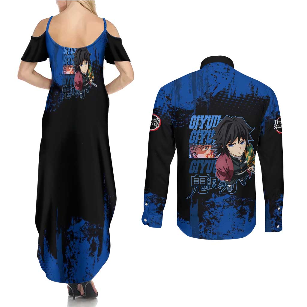 Giyu Tomioka Demon Slayer Blue Grunge Design Couples Matching Summer Maxi Dress and Long Sleeve Button Shirt with Intense Eyes and Sword Stance - The Mazicc