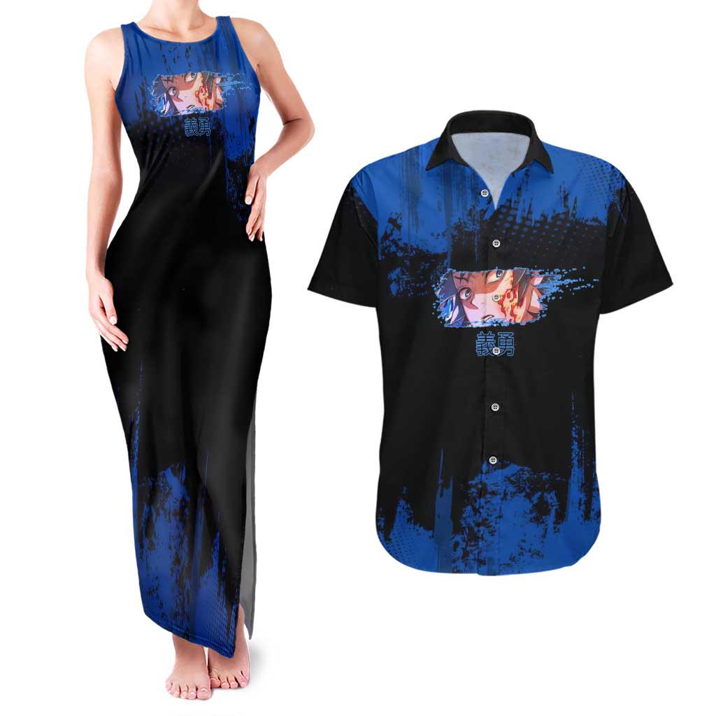 Giyu Tomioka Demon Slayer Blue Grunge Design Couples Matching Tank Maxi Dress and Hawaiian Shirt with Intense Eyes and Sword Stance - The Mazicc