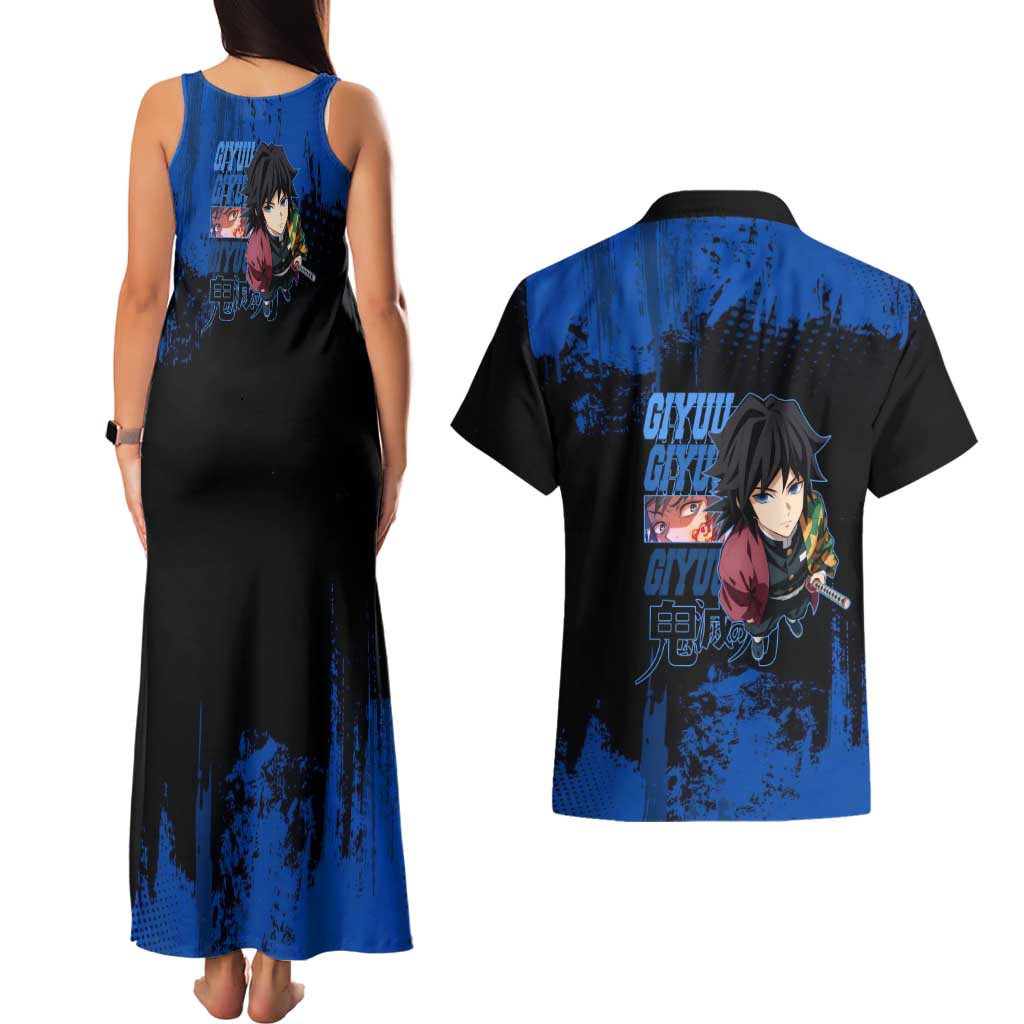 Giyu Tomioka Demon Slayer Blue Grunge Design Couples Matching Tank Maxi Dress and Hawaiian Shirt with Intense Eyes and Sword Stance - The Mazicc