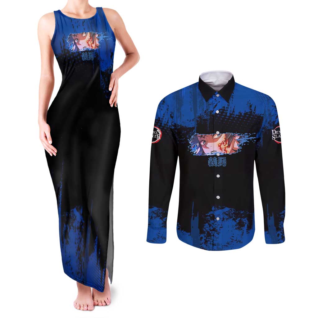 Giyu Tomioka Demon Slayer Blue Grunge Design Couples Matching Tank Maxi Dress and Long Sleeve Button Shirt with Intense Eyes and Sword Stance - The Mazicc