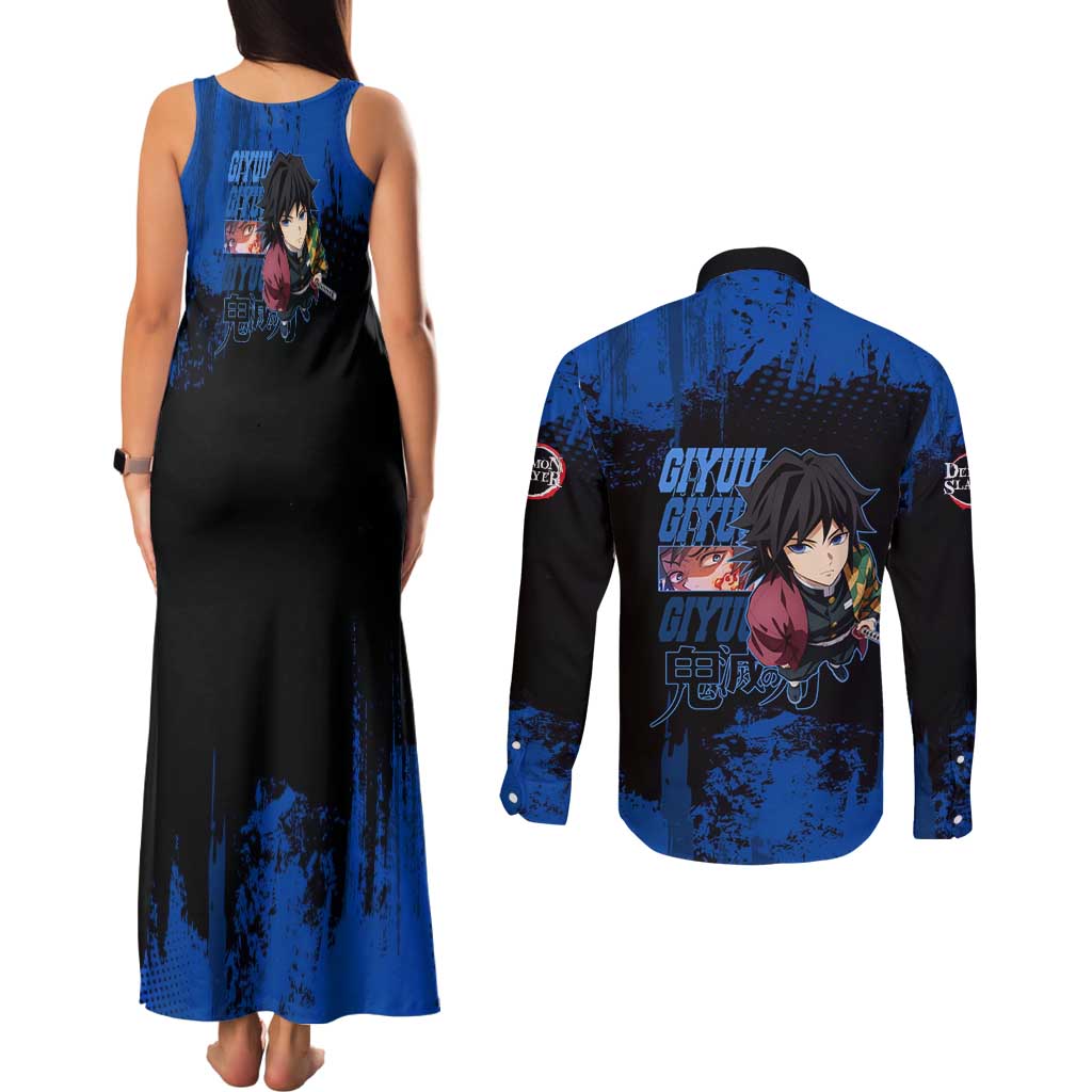 Giyu Tomioka Demon Slayer Blue Grunge Design Couples Matching Tank Maxi Dress and Long Sleeve Button Shirt with Intense Eyes and Sword Stance - The Mazicc