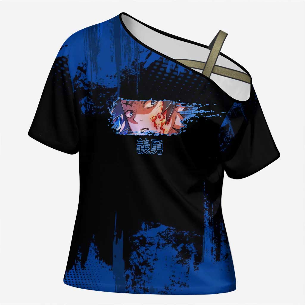 Giyu Tomioka Demon Slayer Blue Grunge Design Cross Shoulder Shirt with Intense Eyes and Sword Stance - The Mazicc