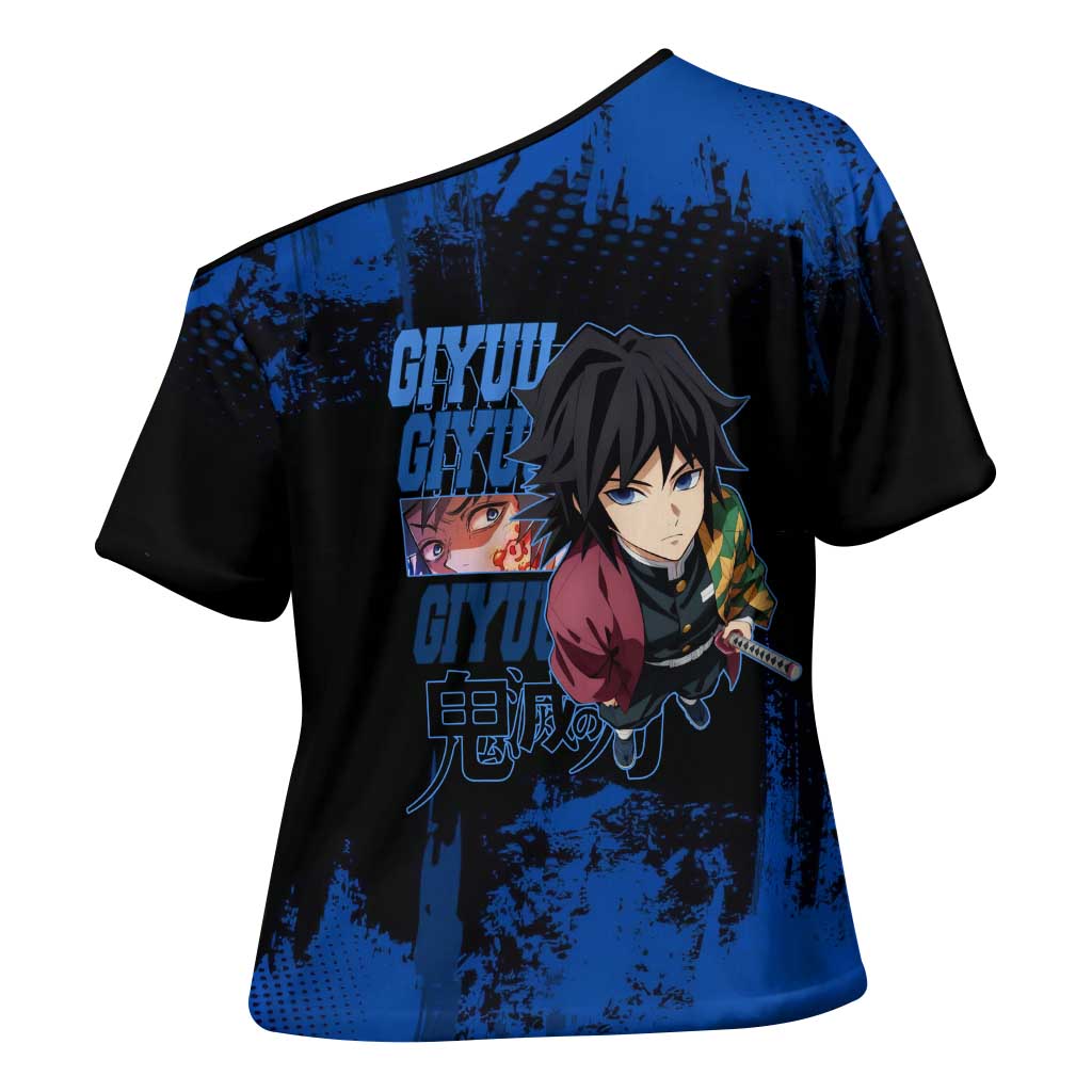 Giyu Tomioka Demon Slayer Blue Grunge Design Cross Shoulder Shirt with Intense Eyes and Sword Stance - The Mazicc
