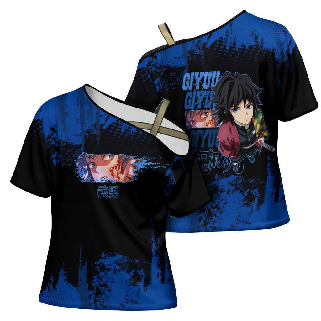 Giyu Tomioka Demon Slayer Blue Grunge Design Cross Shoulder Shirt with Intense Eyes and Sword Stance - The Mazicc