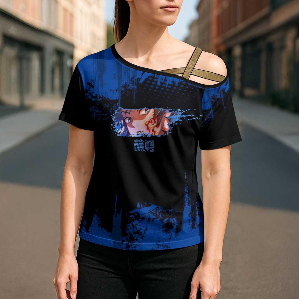 Giyu Tomioka Demon Slayer Blue Grunge Design Cross Shoulder Shirt with Intense Eyes and Sword Stance - The Mazicc