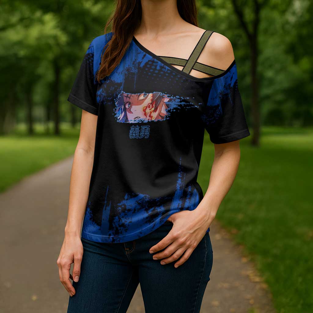 Giyu Tomioka Demon Slayer Blue Grunge Design Cross Shoulder Shirt with Intense Eyes and Sword Stance - The Mazicc