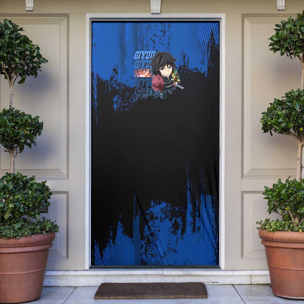Giyu Tomioka Demon Slayer Blue Grunge Design Door Cover with Intense Eyes and Sword Stance - The Mazicc