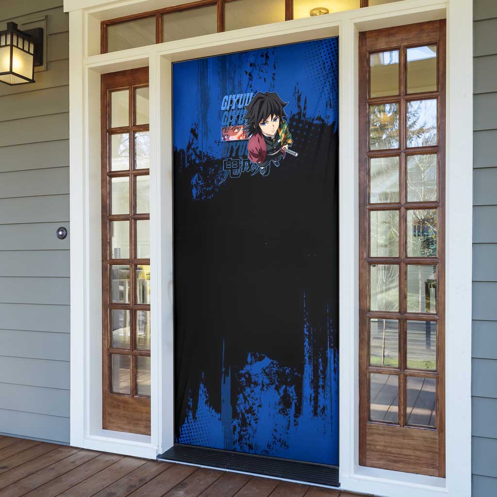 Giyu Tomioka Demon Slayer Blue Grunge Design Door Cover with Intense Eyes and Sword Stance - The Mazicc