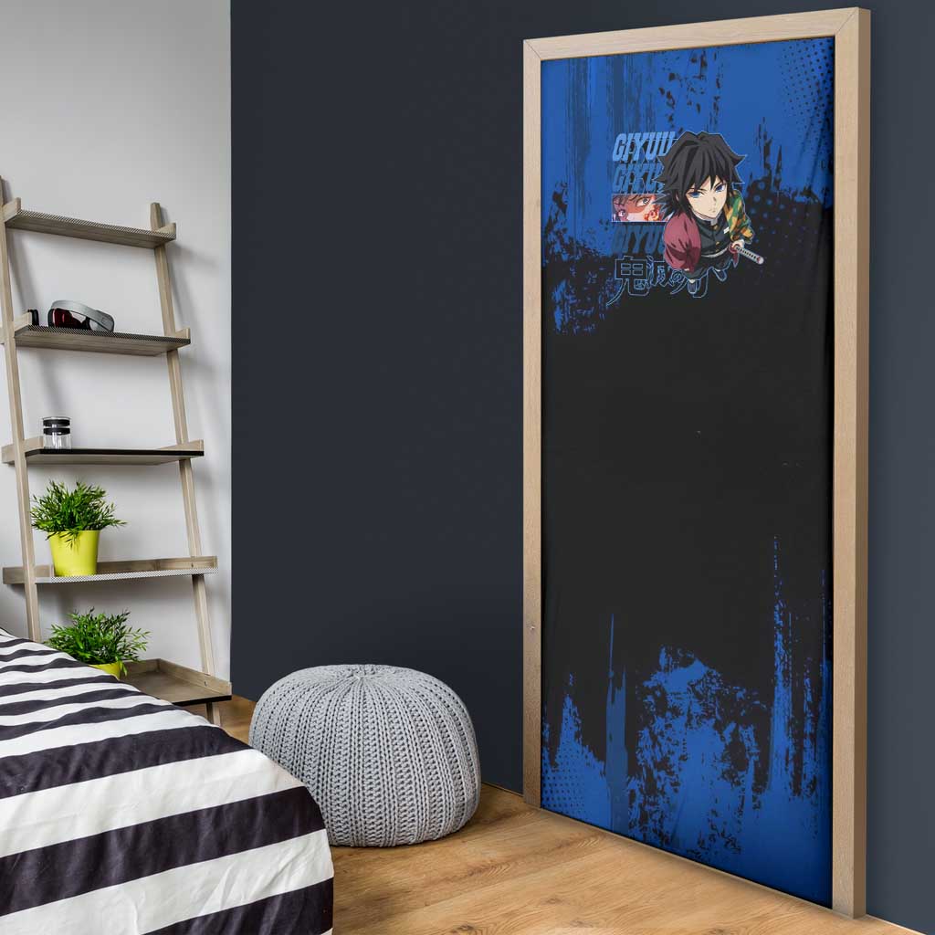 Giyu Tomioka Demon Slayer Blue Grunge Design Door Cover with Intense Eyes and Sword Stance - The Mazicc