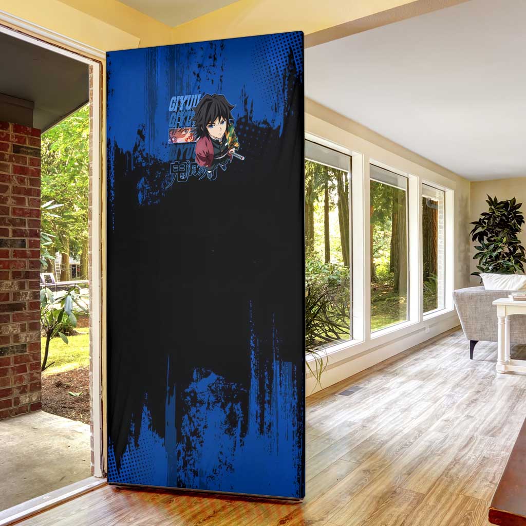 Giyu Tomioka Demon Slayer Blue Grunge Design Door Cover with Intense Eyes and Sword Stance - The Mazicc