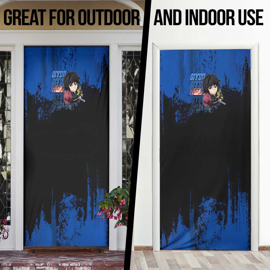 Giyu Tomioka Demon Slayer Blue Grunge Design Door Cover with Intense Eyes and Sword Stance - The Mazicc
