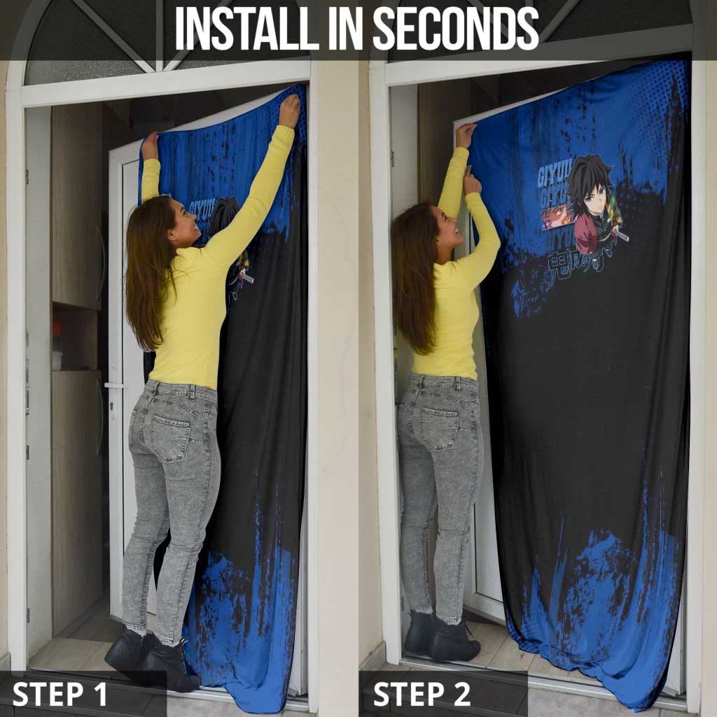 Giyu Tomioka Demon Slayer Blue Grunge Design Door Cover with Intense Eyes and Sword Stance - The Mazicc