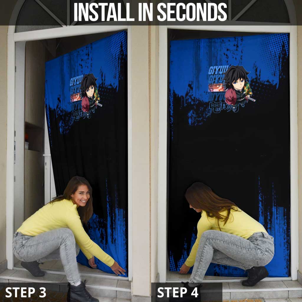 Giyu Tomioka Demon Slayer Blue Grunge Design Door Cover with Intense Eyes and Sword Stance - The Mazicc