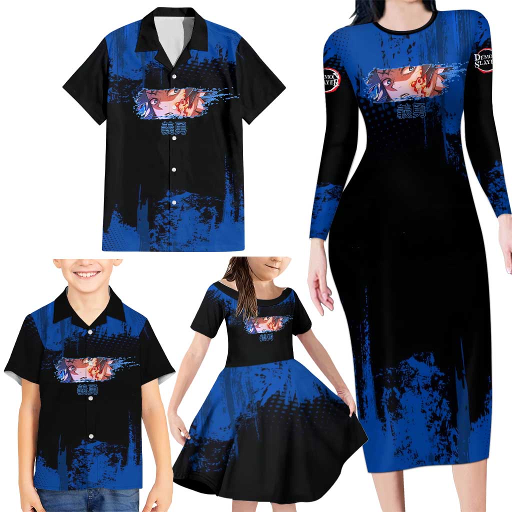 Giyu Tomioka Demon Slayer Blue Grunge Design Family Matching Long Sleeve Bodycon Dress and Hawaiian Shirt with Intense Eyes and Sword Stance