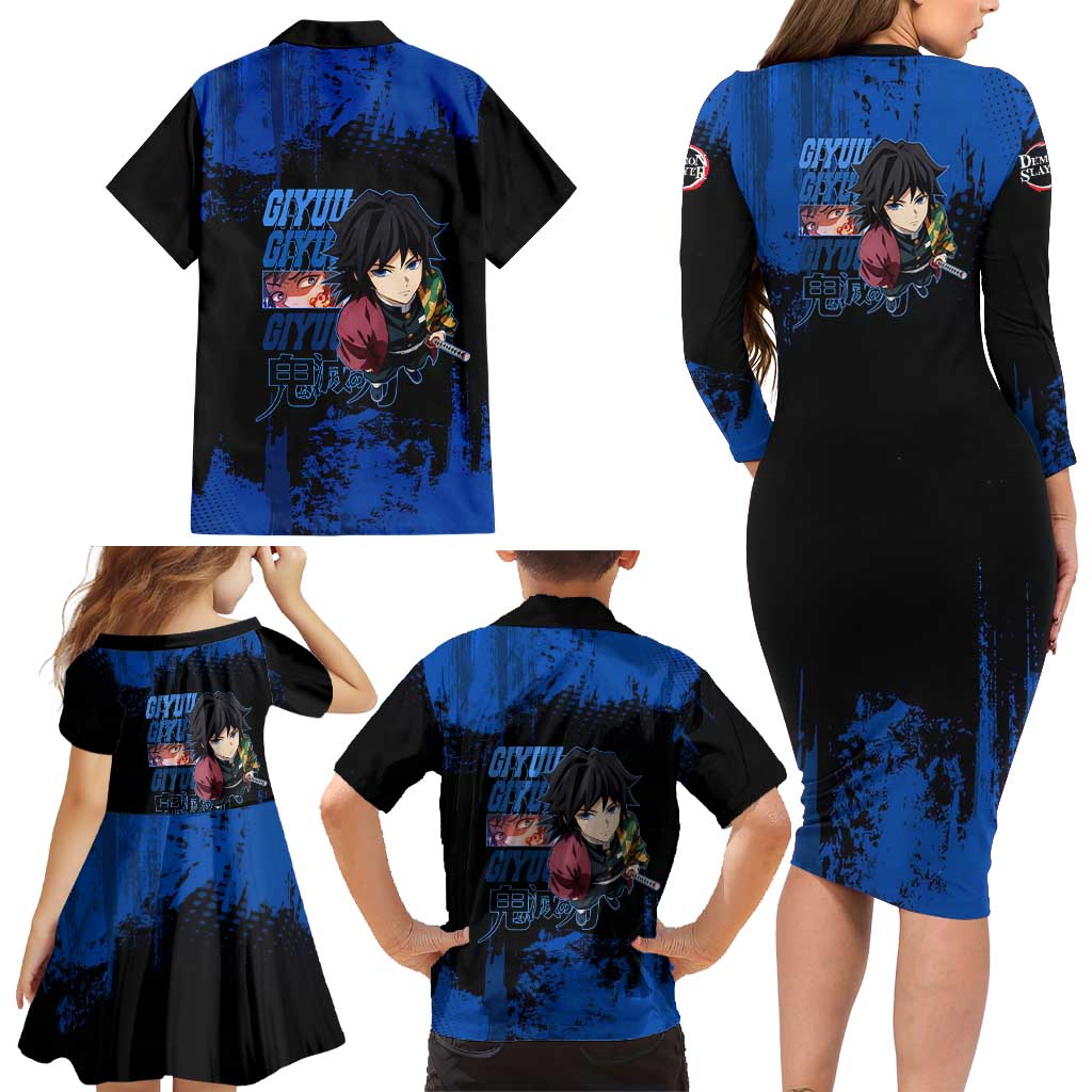 Giyu Tomioka Demon Slayer Blue Grunge Design Family Matching Long Sleeve Bodycon Dress and Hawaiian Shirt with Intense Eyes and Sword Stance
