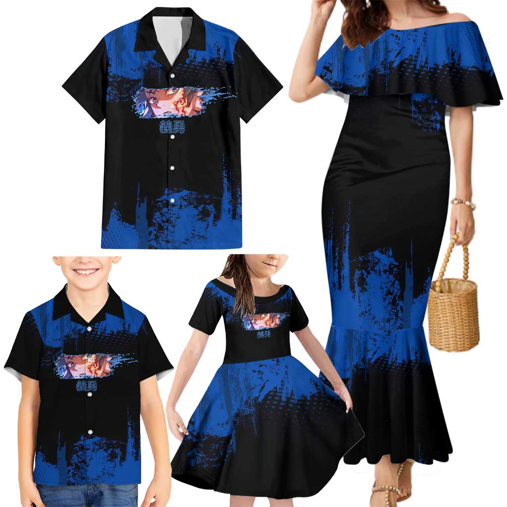 Giyu Tomioka Demon Slayer Blue Grunge Design Family Matching Mermaid Dress and Hawaiian Shirt with Intense Eyes and Sword Stance