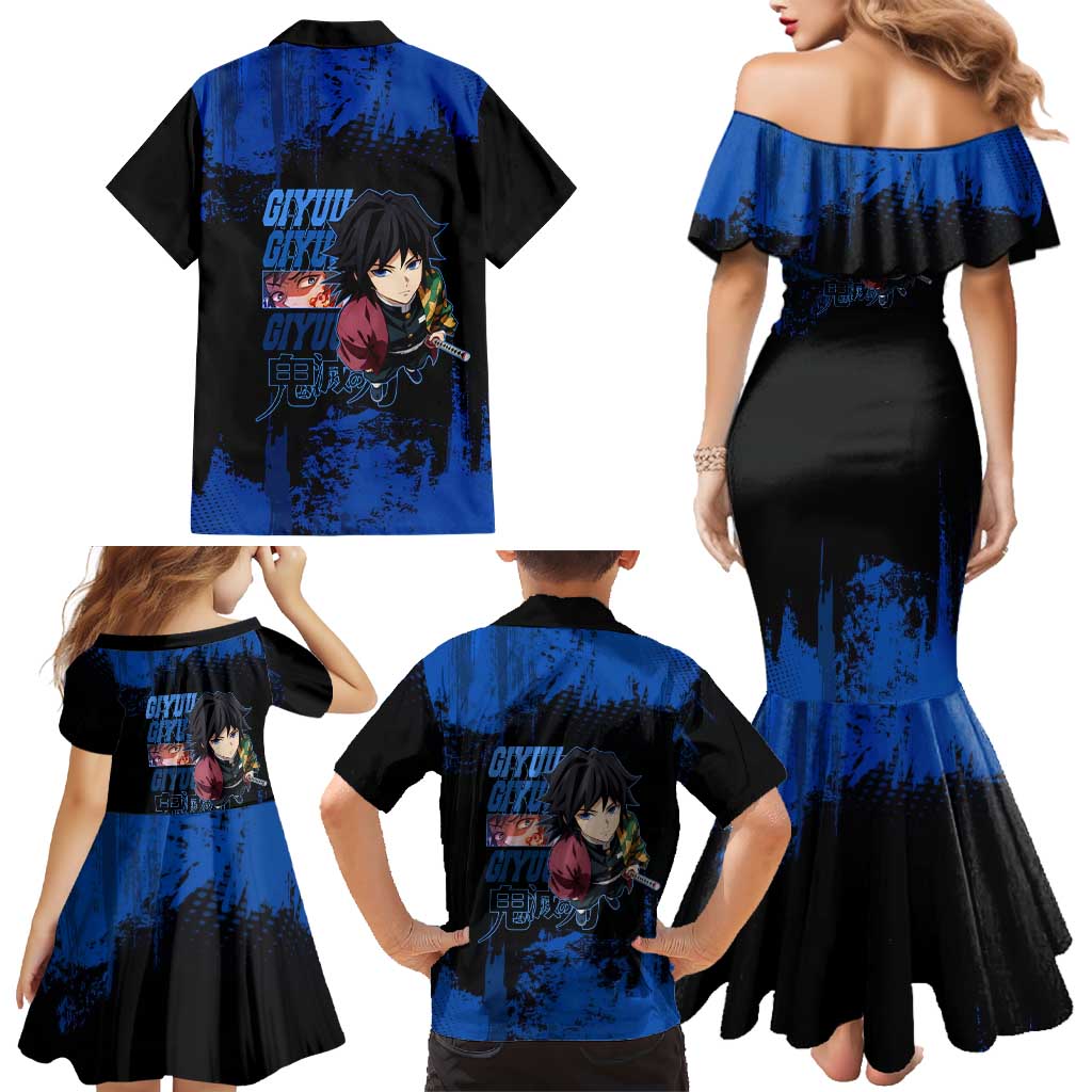Giyu Tomioka Demon Slayer Blue Grunge Design Family Matching Mermaid Dress and Hawaiian Shirt with Intense Eyes and Sword Stance
