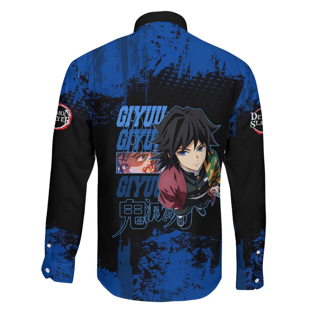 Giyu Tomioka Demon Slayer Blue Grunge Design Family Matching Mermaid Dress and Hawaiian Shirt with Intense Eyes and Sword Stance