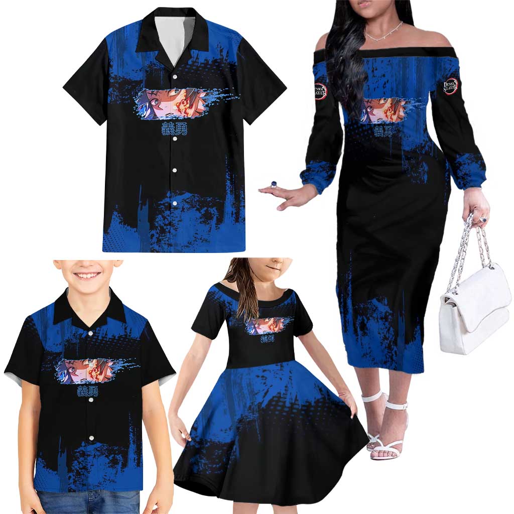 Giyu Tomioka Demon Slayer Blue Grunge Design Family Matching Off The Shoulder Long Sleeve Dress and Hawaiian Shirt with Intense Eyes and Sword Stance