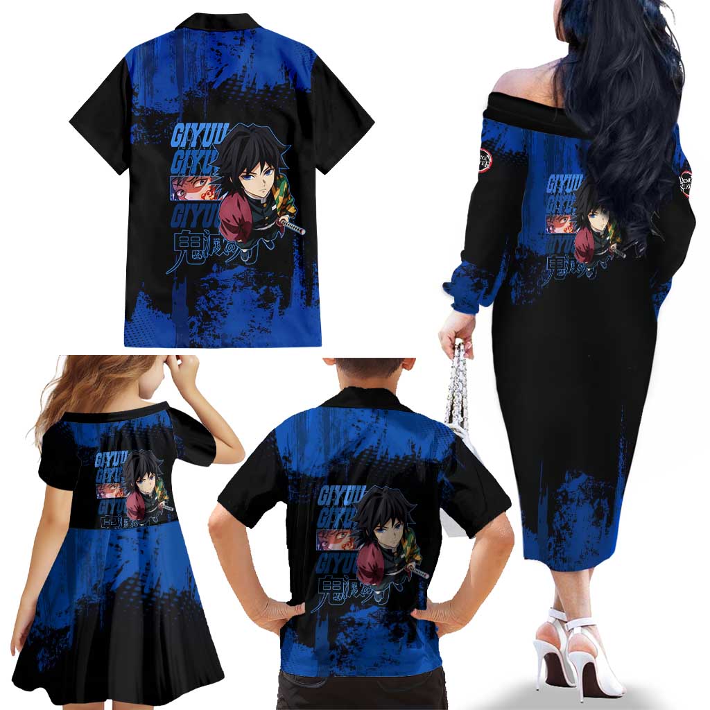 Giyu Tomioka Demon Slayer Blue Grunge Design Family Matching Off The Shoulder Long Sleeve Dress and Hawaiian Shirt with Intense Eyes and Sword Stance