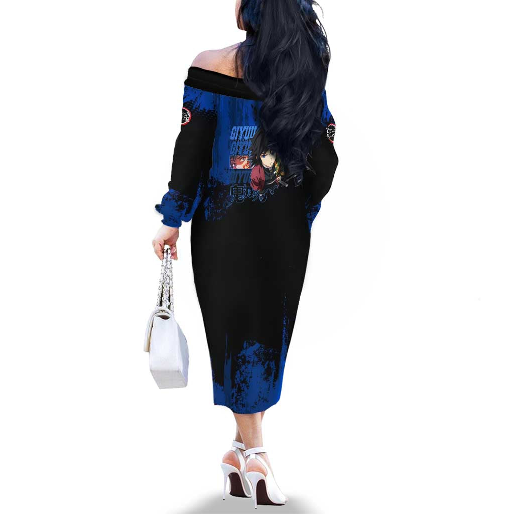 Giyu Tomioka Demon Slayer Blue Grunge Design Family Matching Off The Shoulder Long Sleeve Dress and Hawaiian Shirt with Intense Eyes and Sword Stance