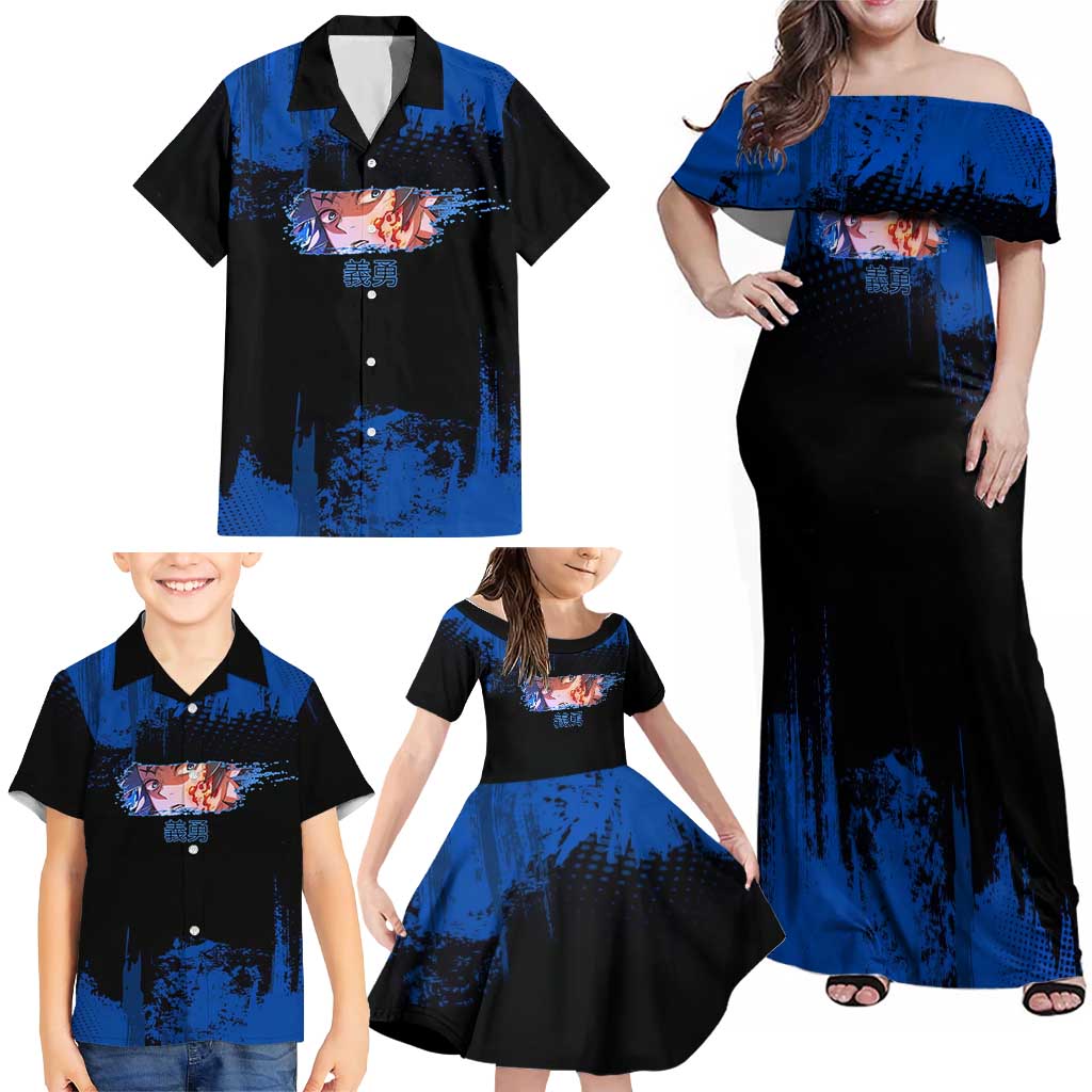 Giyu Tomioka Demon Slayer Blue Grunge Design Family Matching Off Shoulder Maxi Dress and Hawaiian Shirt with Intense Eyes and Sword Stance