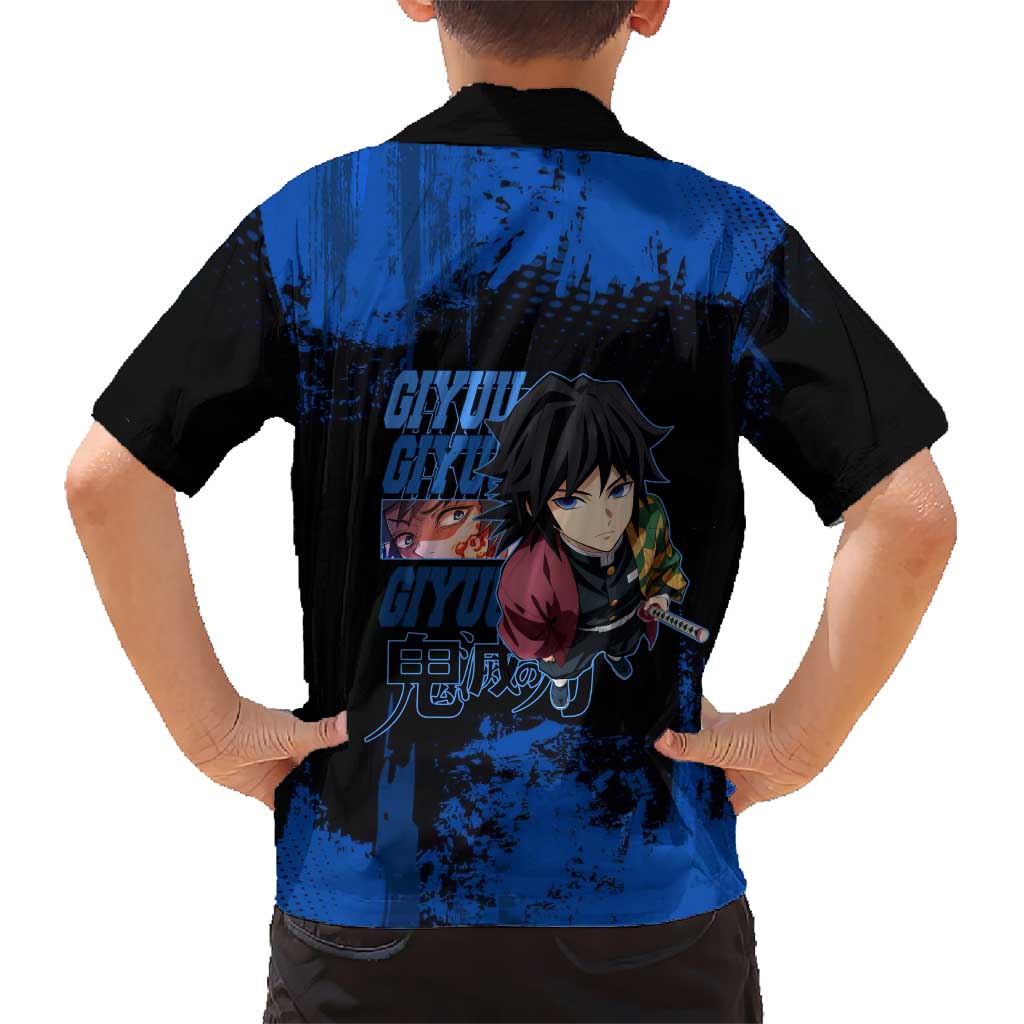 Giyu Tomioka Demon Slayer Blue Grunge Design Family Matching Off Shoulder Maxi Dress and Hawaiian Shirt with Intense Eyes and Sword Stance