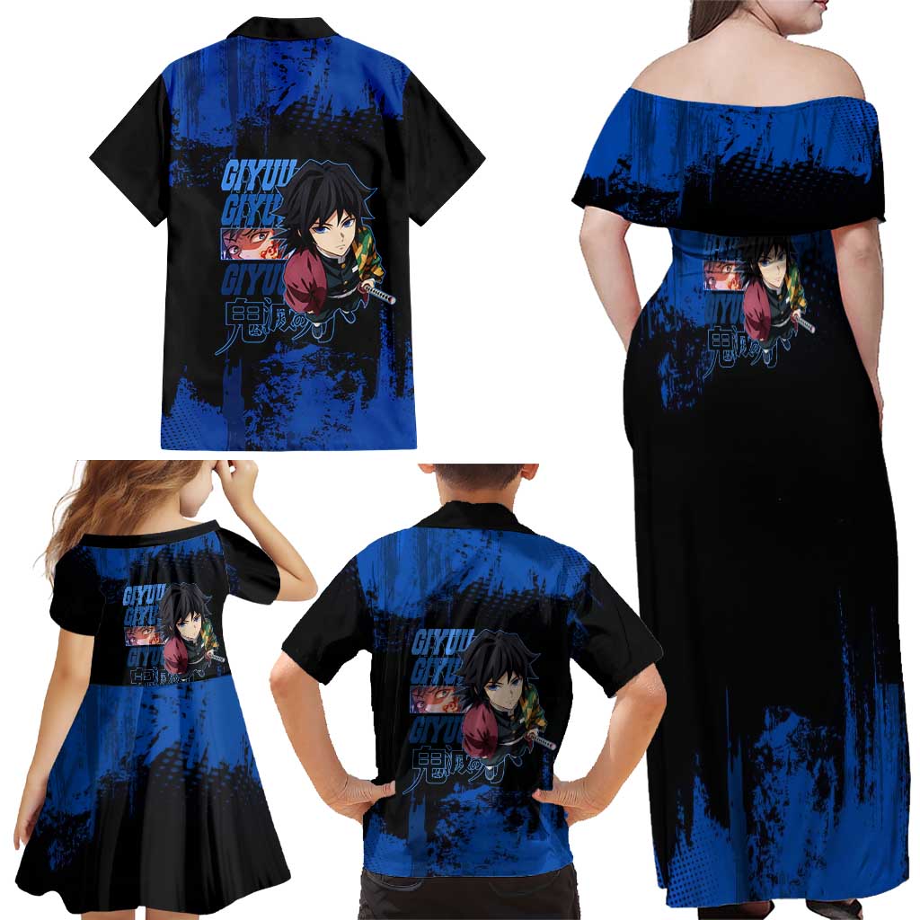 Giyu Tomioka Demon Slayer Blue Grunge Design Family Matching Off Shoulder Maxi Dress and Hawaiian Shirt with Intense Eyes and Sword Stance