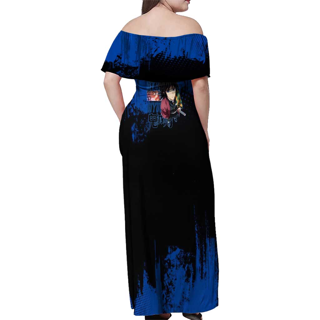 Giyu Tomioka Demon Slayer Blue Grunge Design Family Matching Off Shoulder Maxi Dress and Hawaiian Shirt with Intense Eyes and Sword Stance