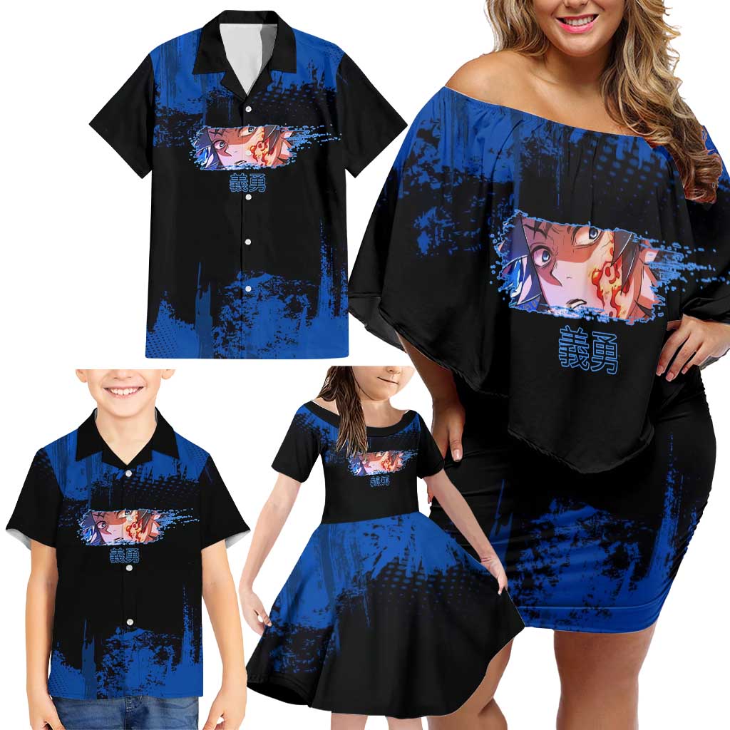 Giyu Tomioka Demon Slayer Blue Grunge Design Family Matching Off Shoulder Short Dress and Hawaiian Shirt with Intense Eyes and Sword Stance