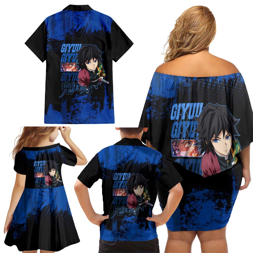 Giyu Tomioka Demon Slayer Blue Grunge Design Family Matching Off Shoulder Short Dress and Hawaiian Shirt with Intense Eyes and Sword Stance