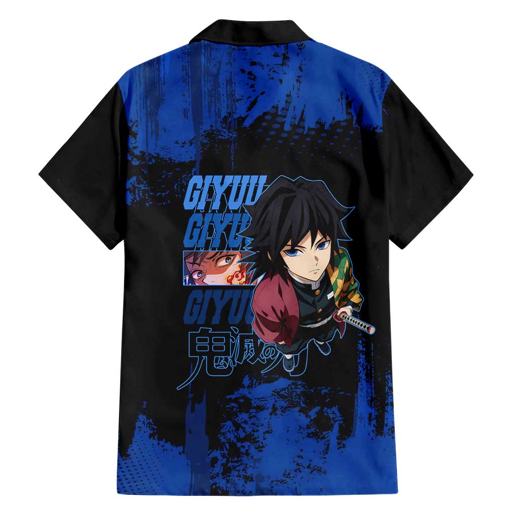 Giyu Tomioka Demon Slayer Blue Grunge Design Family Matching Off Shoulder Short Dress and Hawaiian Shirt with Intense Eyes and Sword Stance