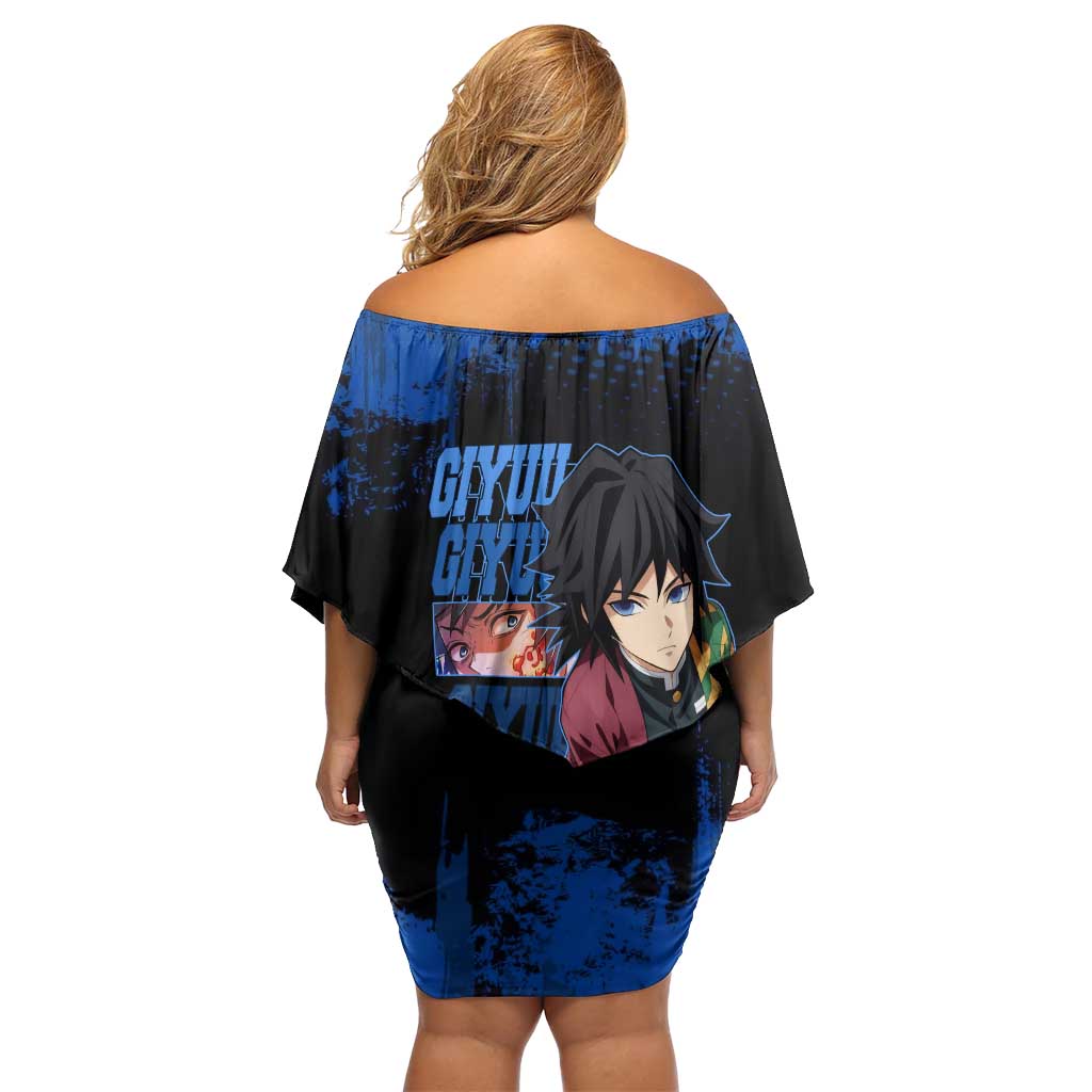 Giyu Tomioka Demon Slayer Blue Grunge Design Family Matching Off Shoulder Short Dress and Hawaiian Shirt with Intense Eyes and Sword Stance
