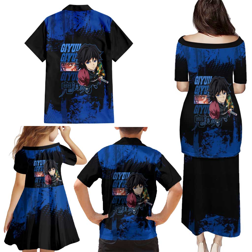 Giyu Tomioka Demon Slayer Blue Grunge Design Family Matching Puletasi and Hawaiian Shirt with Intense Eyes and Sword Stance