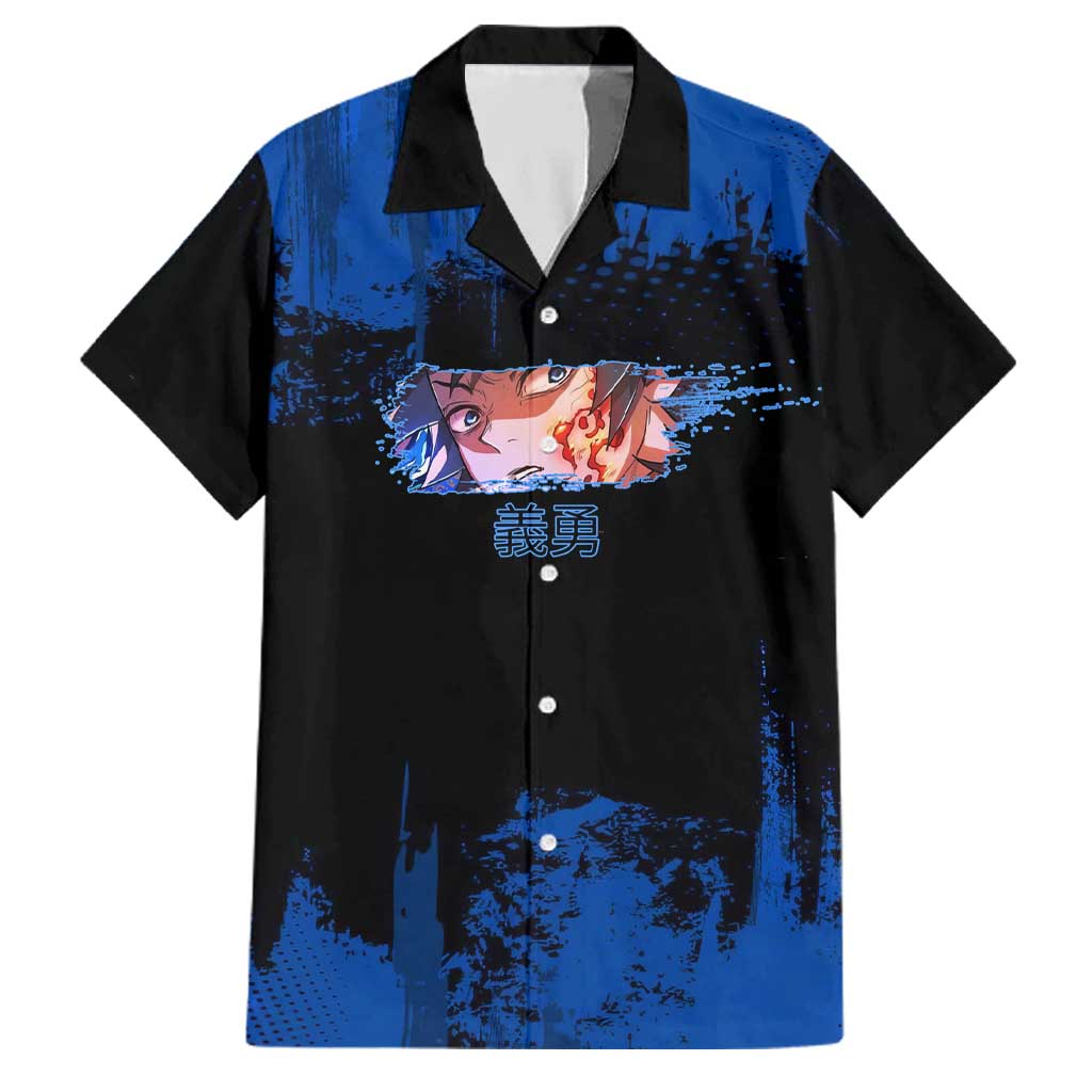Giyu Tomioka Demon Slayer Blue Grunge Design Family Matching Puletasi and Hawaiian Shirt with Intense Eyes and Sword Stance