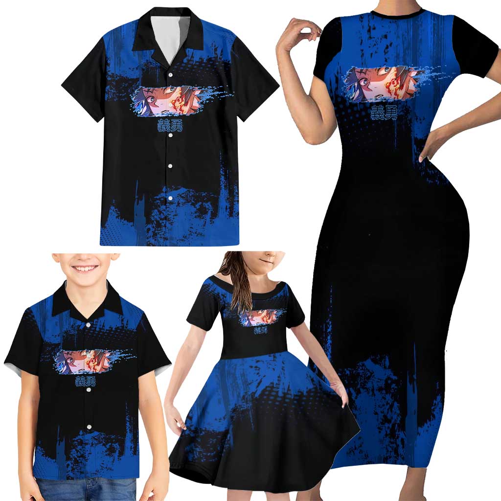Giyu Tomioka Demon Slayer Blue Grunge Design Family Matching Short Sleeve Bodycon Dress and Hawaiian Shirt with Intense Eyes and Sword Stance