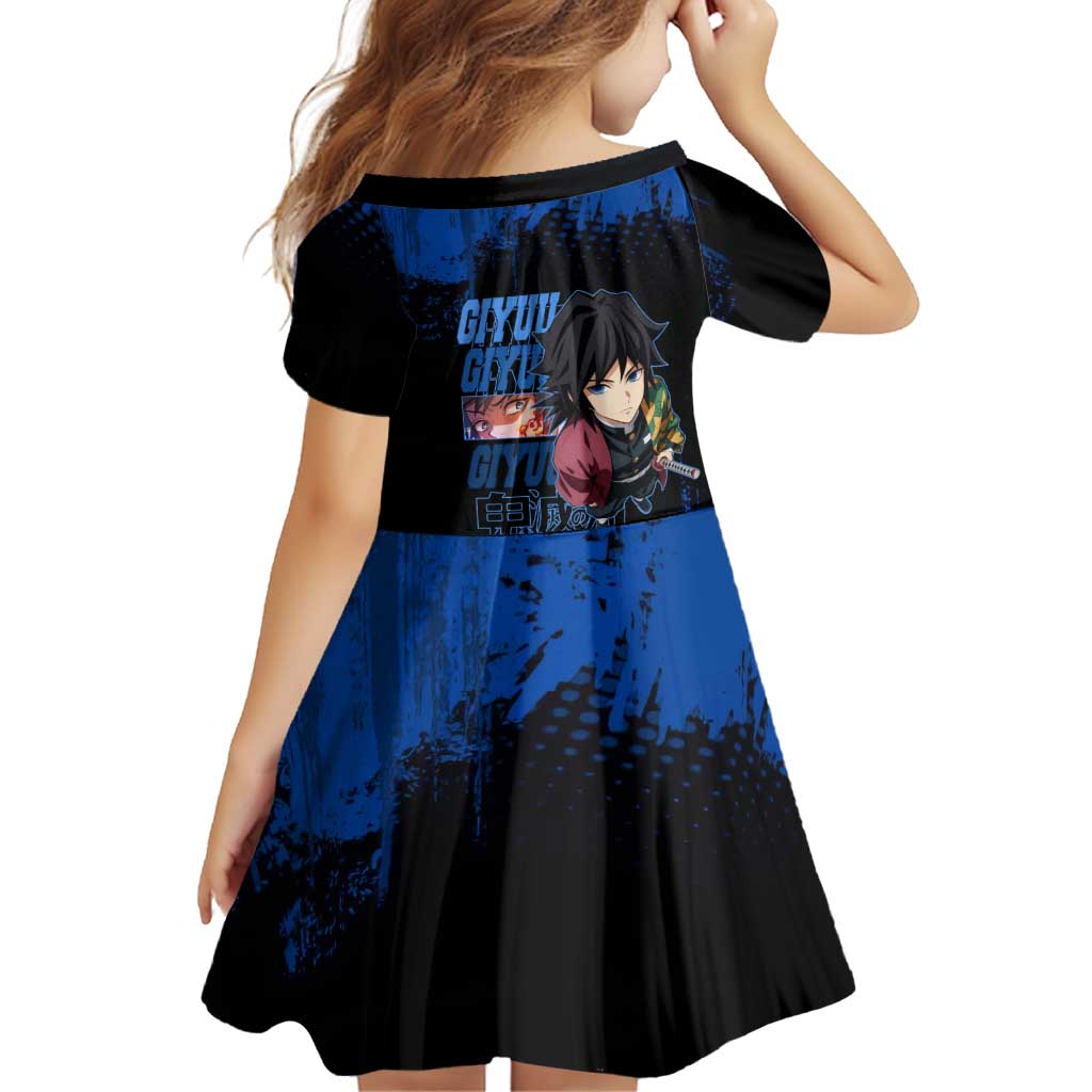 Giyu Tomioka Demon Slayer Blue Grunge Design Family Matching Short Sleeve Bodycon Dress and Hawaiian Shirt with Intense Eyes and Sword Stance