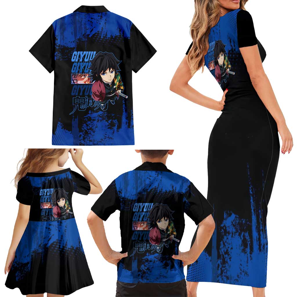 Giyu Tomioka Demon Slayer Blue Grunge Design Family Matching Short Sleeve Bodycon Dress and Hawaiian Shirt with Intense Eyes and Sword Stance